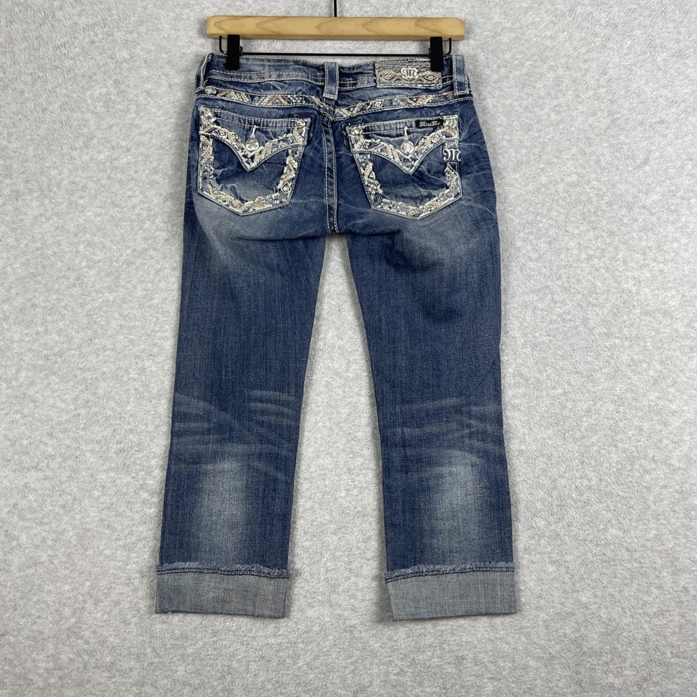 Miss Me Embellished Cropped Straight Leg Jeans Womens 25 Medium Wash Rhinestone - Picture 2 of 15